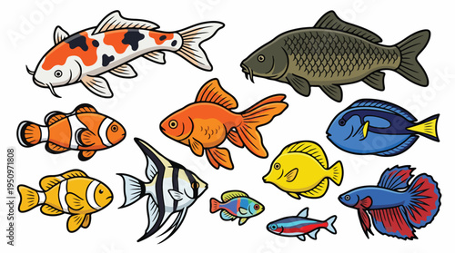 Collection of various colorful cartoon fish species commonly found in aquariums and oceans.