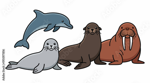 A playful group of marine mammals including a dolphin, seal, sea lion, and walrus.