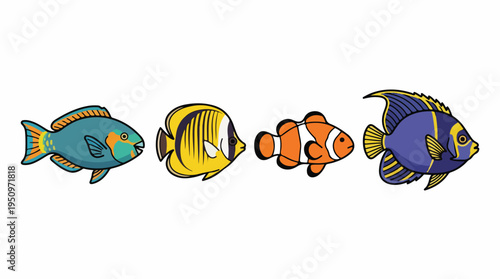 Four colorful tropical fish swimming together in a clear blue ocean water.