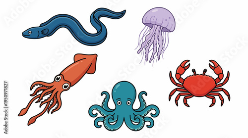 A collection of colorful cartoon illustrations of various sea creatures including an eel, jellyfish, squid, octopus, and crab.