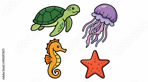 Collection of cute cartoon sea creatures including a turtle, jellyfish, seahorse, and starfish.
