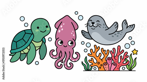 Cute cartoon sea creatures including a turtle, squid, and seal swimming with coral and bubbles.