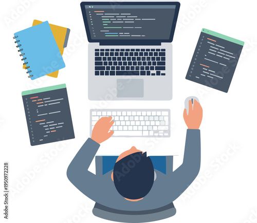 A person studies programming with laptop and books on a desk indoors