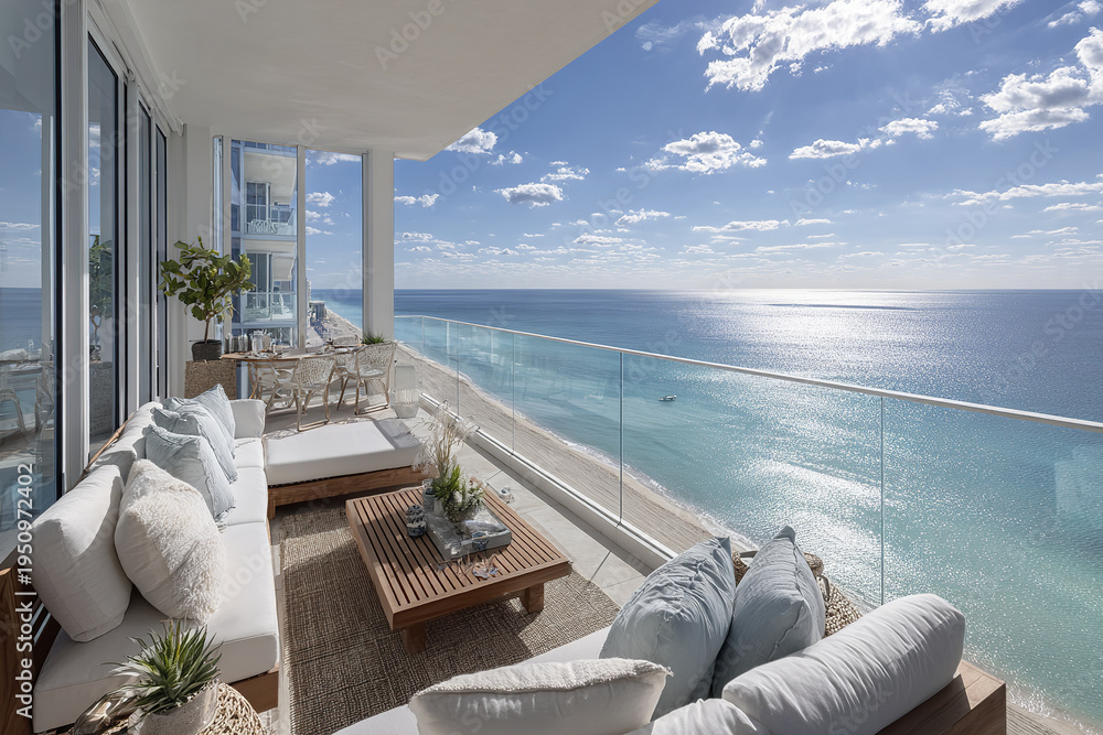Obraz premium High rise beachfront property with infinity horizon ocean view, modern outdoor furniture, glass railing, and bright sunny sky creating peaceful and relaxing atmosphere on balcony