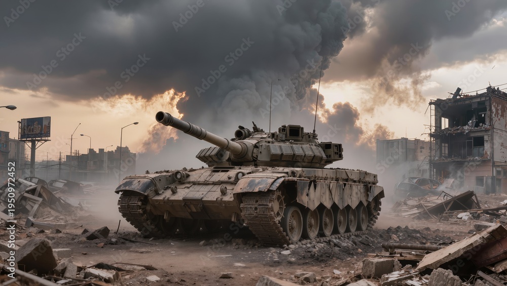Obraz premium Heavy military tanks advancing through a battlefield with explosions and thick smoke in the background. Dramatic scene of modern warfare, destruction and armed conflict in a crisis zone.