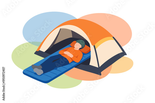Person sleeping inside a camping tent on a sleeping mat.