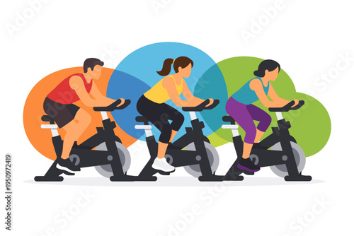 Three people exercising on stationary bikes in a fitness class.