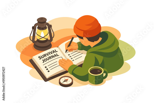 Person writing in survival journal with lantern and compass.