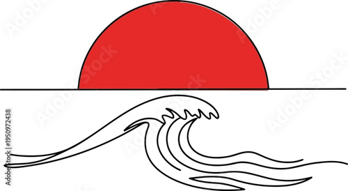 A red sun setting over a wavy ocean