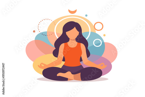 Woman meditating in lotus pose with colorful abstract background.