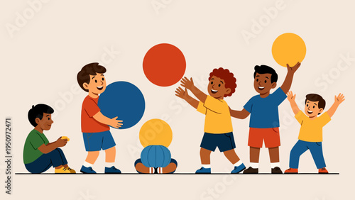 Children having fun playing soccer and football in a park