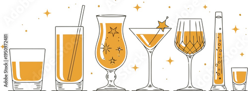 A row of different types of glasses filled with yellow cocktail