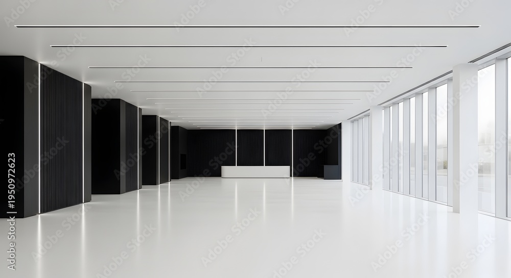 Obraz premium Modern minimalist office interior with black walls and white floor