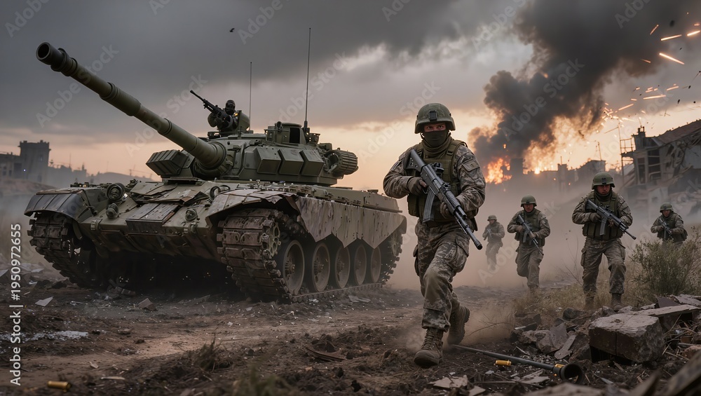 Naklejka premium Heavy military tanks advancing through a battlefield with explosions and thick smoke in the background. Dramatic scene of modern warfare, destruction and armed conflict in a crisis zone.