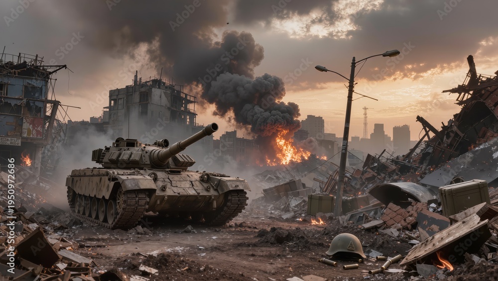 Naklejka premium Heavy military tanks advancing through a battlefield with explosions and thick smoke in the background. Dramatic scene of modern warfare, destruction and armed conflict in a crisis zone.