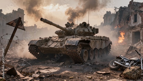 Heavy military tanks advancing through a battlefield with explosions and thick smoke in the background. Dramatic scene of modern warfare, destruction and armed conflict in a crisis zone.