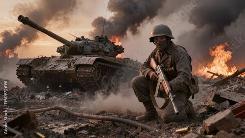 Heavy military tanks advancing through a battlefield with explosions and thick smoke in the background. Dramatic scene of modern warfare, destruction and armed conflict in a crisis zone.