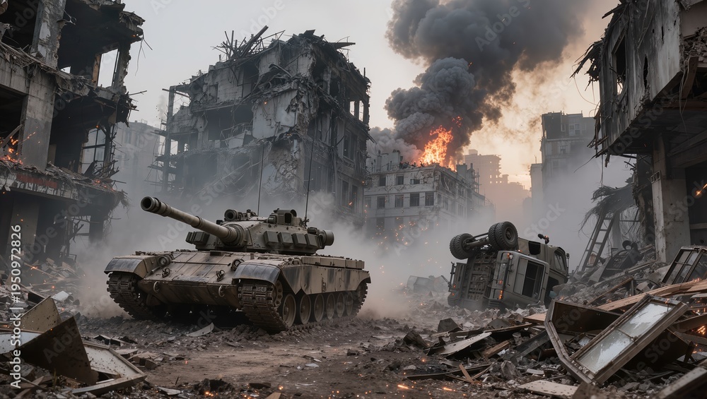 Naklejka premium Heavy military tanks advancing through a battlefield with explosions and thick smoke in the background. Dramatic scene of modern warfare, destruction and armed conflict in a crisis zone.