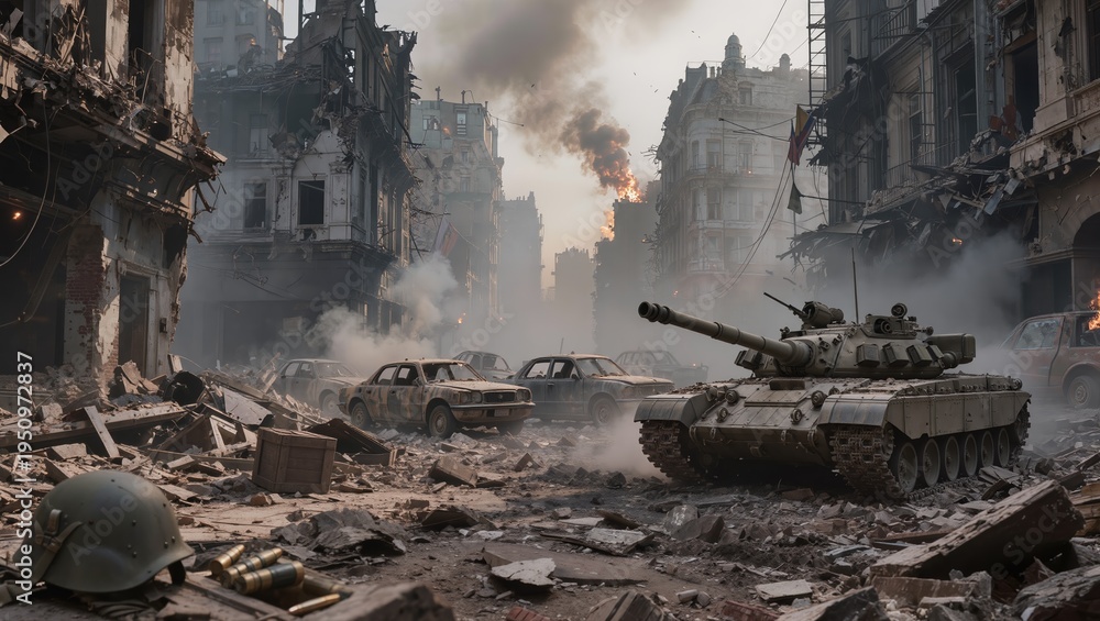 Obraz premium Heavy military tanks advancing through a battlefield with explosions and thick smoke in the background. Dramatic scene of modern warfare, destruction and armed conflict in a crisis zone.