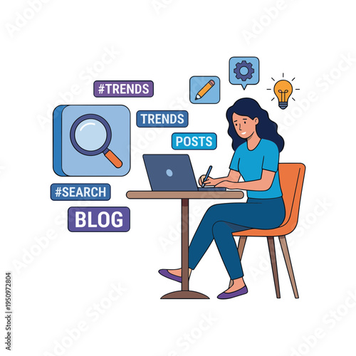 Woman sits at desk with laptop and searches for trends and blog posts