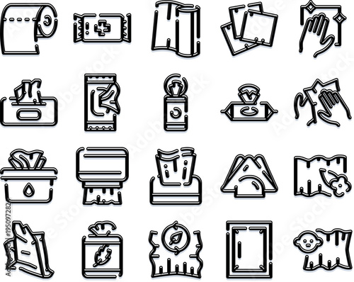 Collection of various hygiene, sanitary, and cleaning products presented as line art icons, depicting essentials for health, care, and personal cleanliness routines