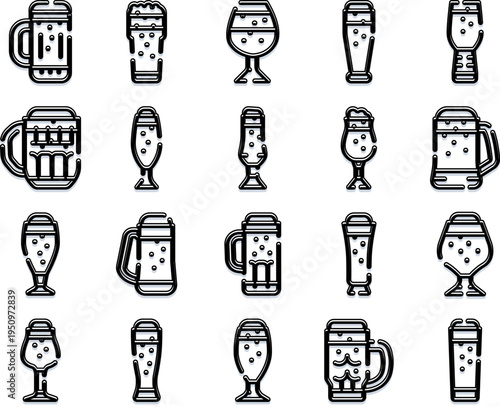 Collection of outline black vector icons featuring different styles of beer glasses and mugs, depicting popular types of alcoholic beverages and brewery glassware for design elements