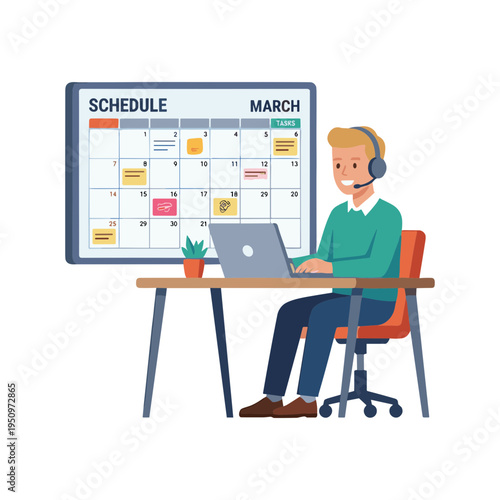 Man sits at desk with laptop and calendar on wall working