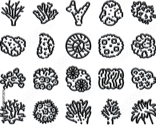 Diverse set of clean marine organism icons and outlines showcasing coral, sponge, anemone and other underwater fauna and habitat elements on a white background for design use