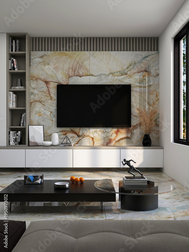 Fotografi A modern living room featuring a large television and a stylish marble wall as the focal point