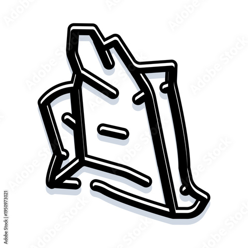 Empty plastic shopping bag doodle illustration with black outline on white background, simple hand drawn icon representing disposable consumerism, packaging waste and retail convenience