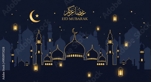 Eid mubarak islamic nighttime cityscape with mosque and lanterns in dark blue background
