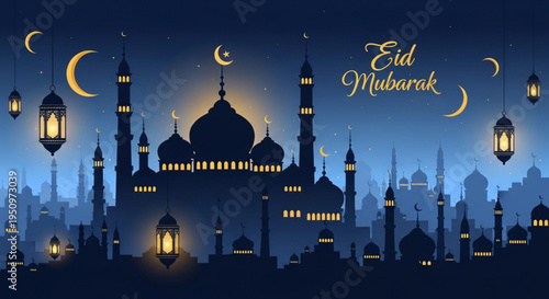 Eid mubarak islamic mosque cityscape at night with lanterns and crescent moons