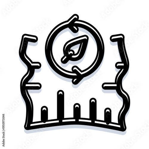 Sustainable ecosystem development icon showing a circular process with a leaf in the center and a measuring device with a growth chart, symbolizing environmental impact and progress