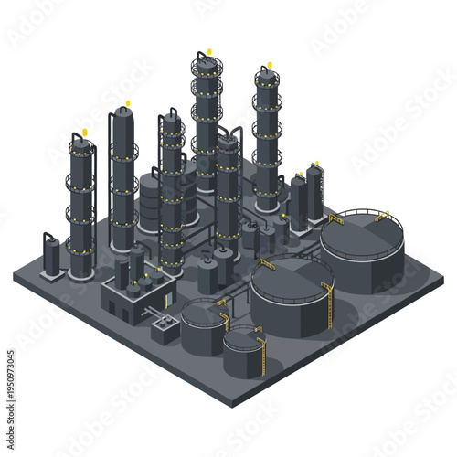 Isometric illustration of a complex industrial refinery with multiple distillation towers and storage tanks, representing heavy industry and manufacturing processes.