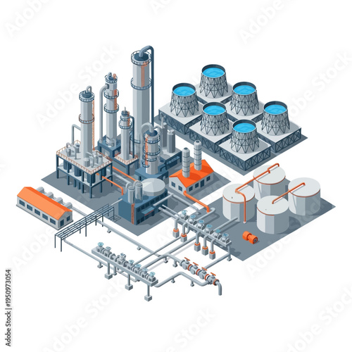 Isometric illustration of a complex industrial chemical processing plant with distillation towers, cooling towers, storage tanks, and extensive piping systems.
