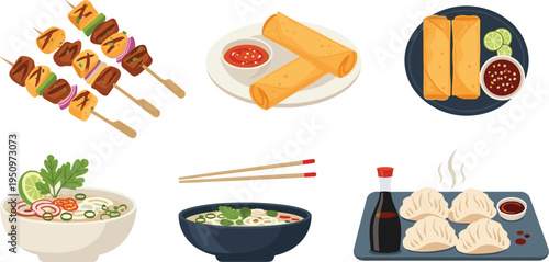 Asian Street Food Collection with Skewers Spring Rolls Dumplings Ramen Soup Chopsticks and Dipping Sauces Vector Illustration Set