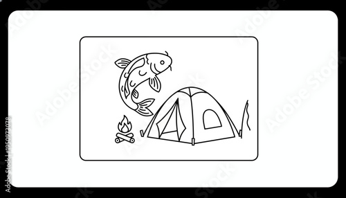 Fishing Trip Camping Scene: Tent, Campfire, and Jumping Fish Illustration
