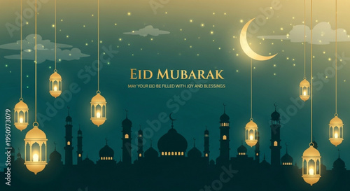 Eid mubarak greeting card with mosque silhouette hanging lanterns crescent moon and stars in night sky