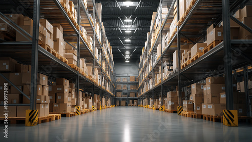 整然と並ぶ倉庫の棚 在庫管理と物流システムのイメージ