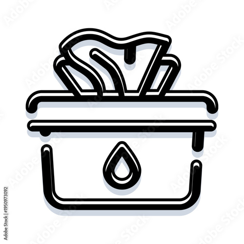 Hygiene product packaging with tissues emerging from the top, featuring a liquid drop indicating dampness and intended for sanitation and personal care