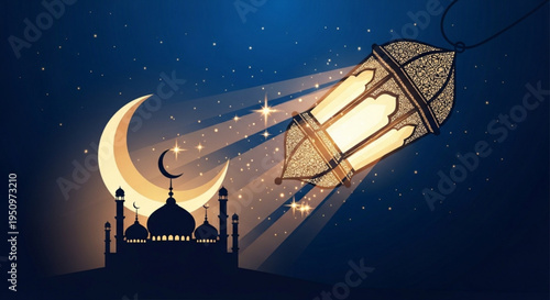Ramadan lantern flying towards crescent moon and mosque at night with stars