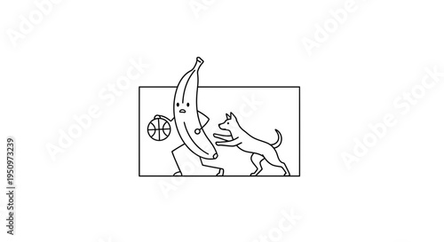 Funny Banana Playing Basketball Chased by Dog, Cartoon Style