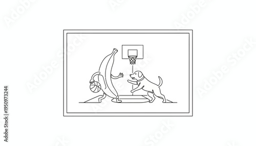 Funny Banana Playing Basketball with Dog on Court