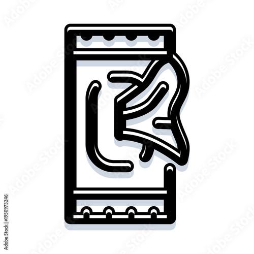 Wet wipes packet icon showing a single towelette being pulled from a dispenser, minimalist black and white line art symbol for hygiene, convenience and everyday personal care
