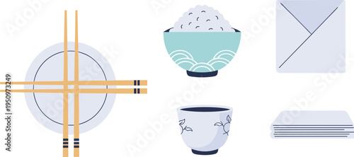 Traditional Asian Food Tableware Set with Rice Bowl Chopsticks Plate Napkin Envelope and Dining Utensils Flat Vector Illustration Collection