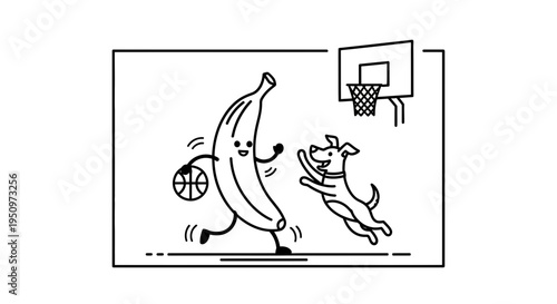 Funny Banana Playing Basketball with Dog
