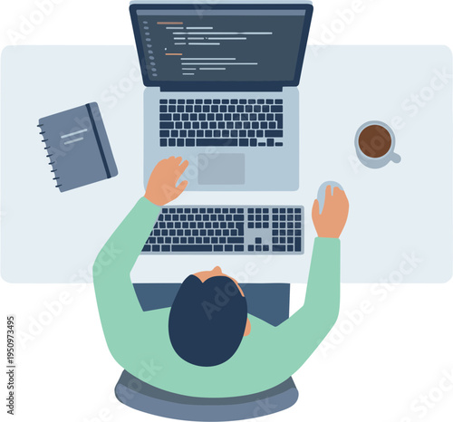 Person sitting at desk with laptops and coffee cup on table