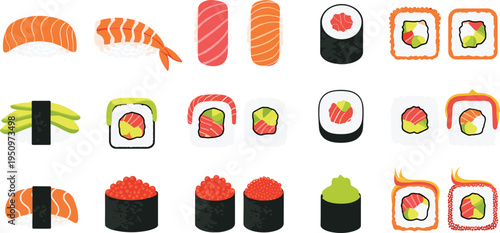 Japanese Sushi Collection Featuring Salmon Nigiri Shrimp Sushi Rolls Maki and Gunkan Pieces for Asian Cuisine Restaurant Menu Food Illustration Design.