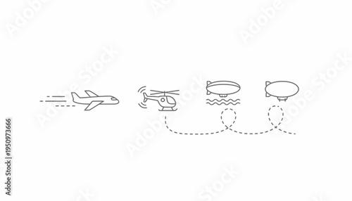 Different types of aircraft: airplane, helicopter, blimp, airship flying in sequence