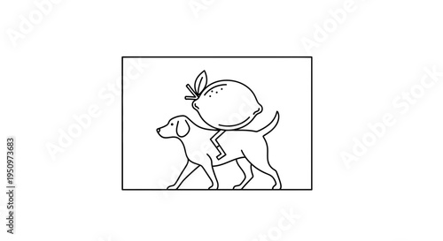 Dog Carrying Lemon on Back, Whimsical Line Art Illustration
